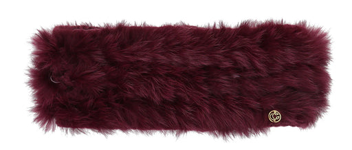 Wine red fuzzy headband against a white background. 