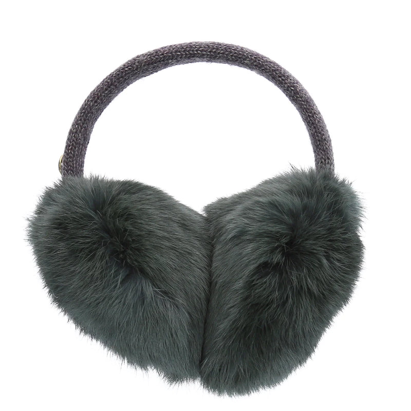 Gray fuzzy earmuffs against a white background. 