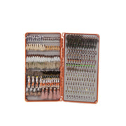 A fishing fly box filled with flies on a white background