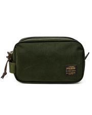 Dark green travel bag with Filson logo against a white background. 