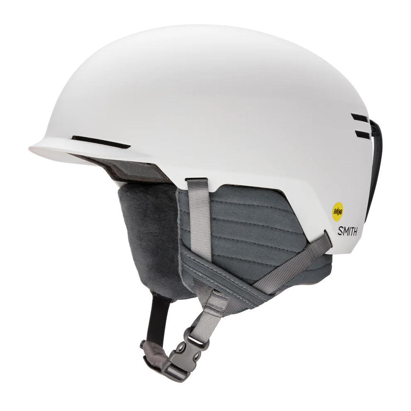 White helmet with gray interior and Smith logo on a white background