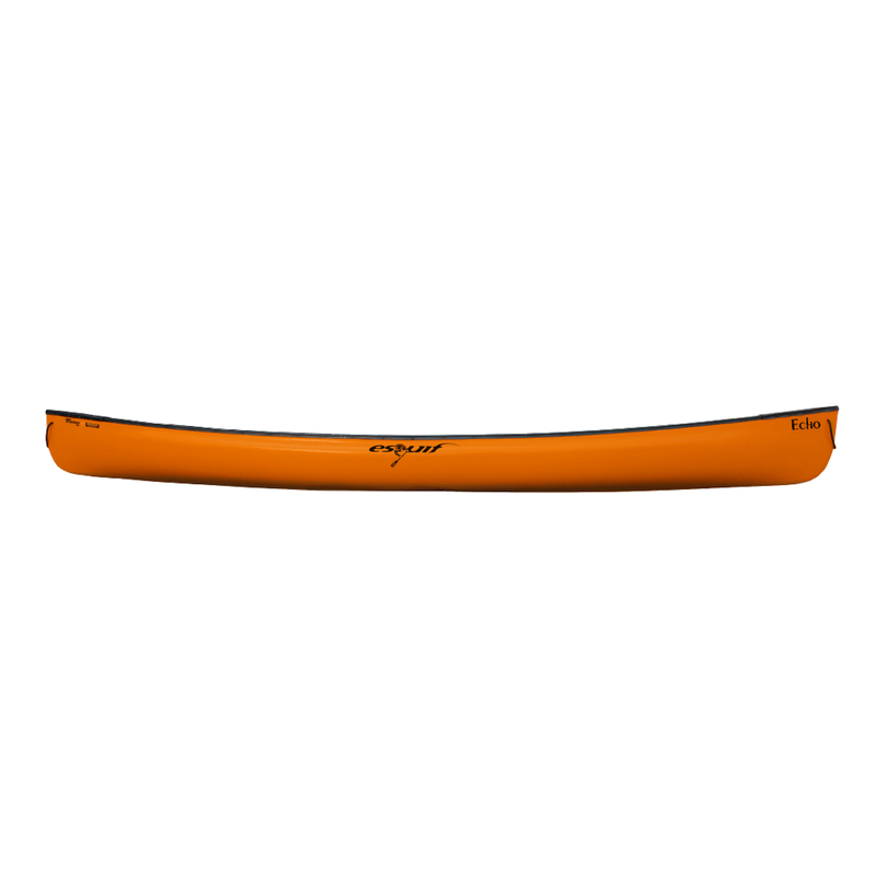 Side view of an orange canoe on a white background.