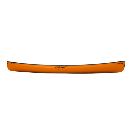 Side view of an orange canoe on a white background.