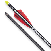 Two arrows with red fletchings and black shafts on a white background