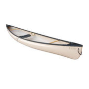 Side view of a white canoe with seating and accessories installed on a white background.