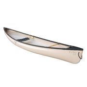 Side view of a white canoe with visible seats and yokes installed on a white background.