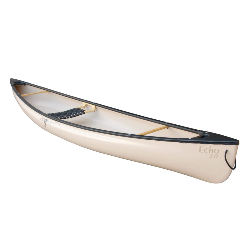 Side view of a white canoe with visible seats and yokes installed on a white background.
