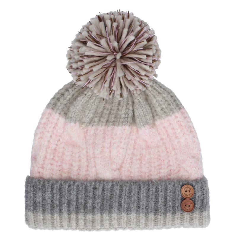 Grey pom pom beanie with pink accents against a white background. 
