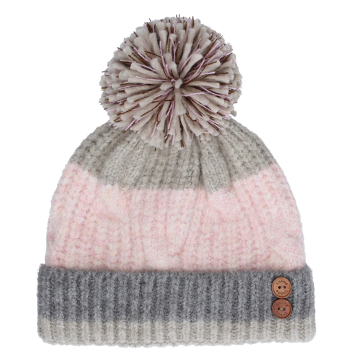 Grey pom pom beanie with pink accents against a white background. 