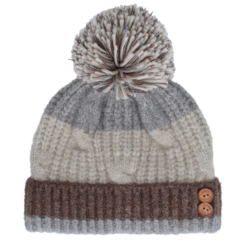 grey pom pom beanie with brown accents against a white background. 