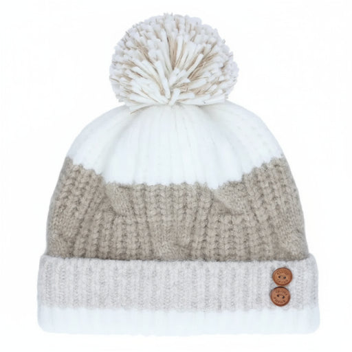 Knitted beanie with pom-pom and button details on a white background
