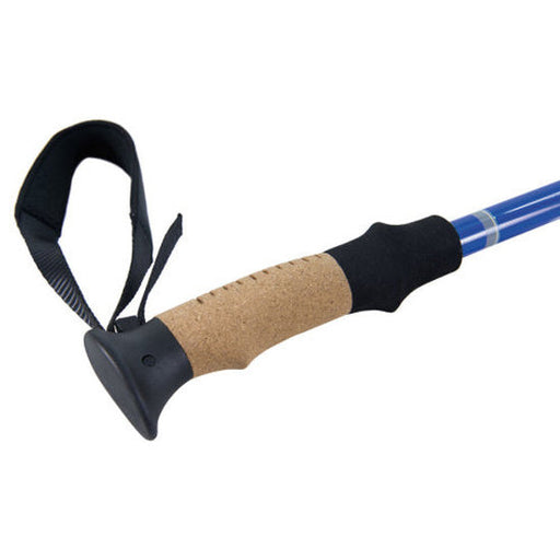 Cork-handled walking stick with blue shaft on a white background