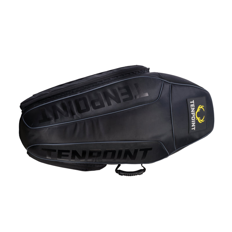 A black Tenpoint crossbow bag with embossed branding and a small yellow logo accent, shown on a plain white background.