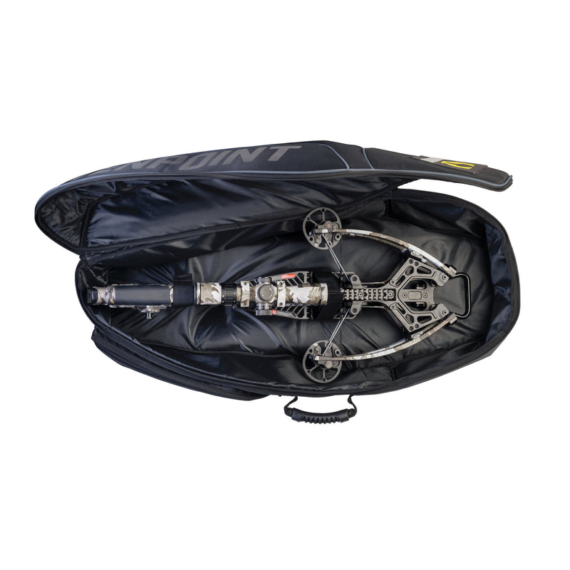 A black crossbow bag opened flat against a white background, containing a crossbow
