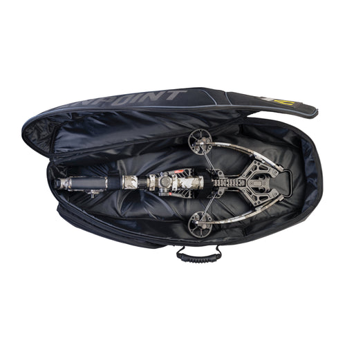 A black crossbow bag opened flat against a white background, containing a crossbow