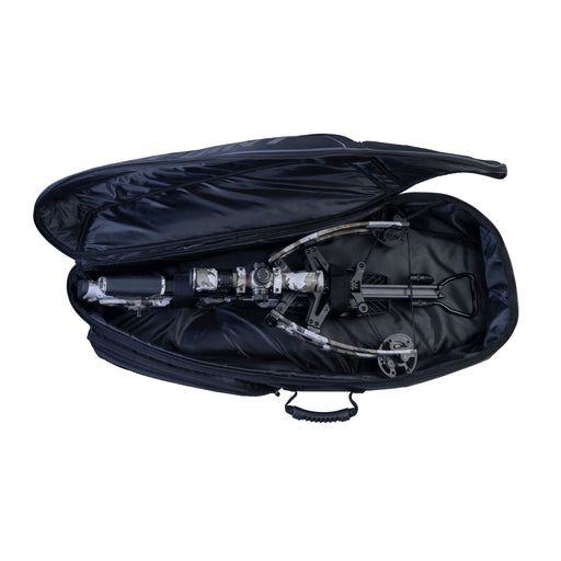 An open black soft carrying case containing a crossbow, photographed on a plain white background.