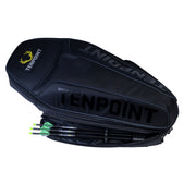 A black Tenpoint archery bag with multiple zip compartments, shown open with several arrows visible inside. The bag features the Tenpoint brand name in large black letters and a yellow dragon logo on the side.