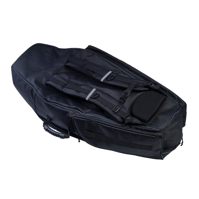 A black padded crossbow bag with multiple backpack straps, buckles, and a handle, photographed on a plain white background.