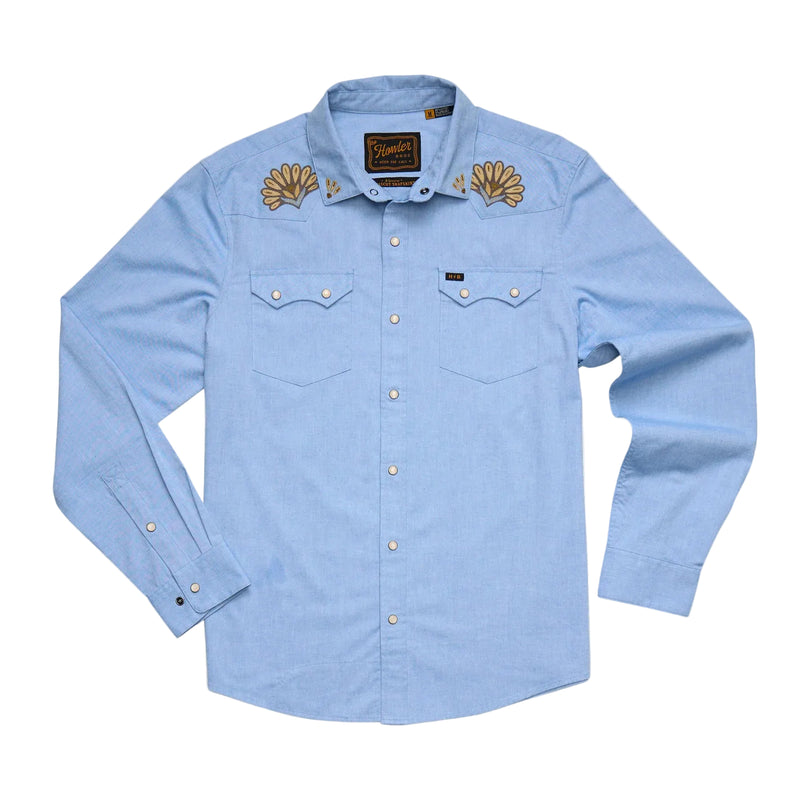 Men's Crosscut Denim Deluxe Snapshirt | Fanned Flora: Faded Blue Oxford