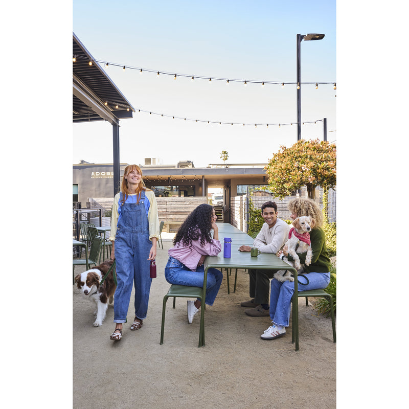 A woman in blue denim overalls stands on an outdoor patio next to a brown and white dog, with three people seated at a green table holding a small white dog. The setting includes string lights, a building in the background, and a clear sky.