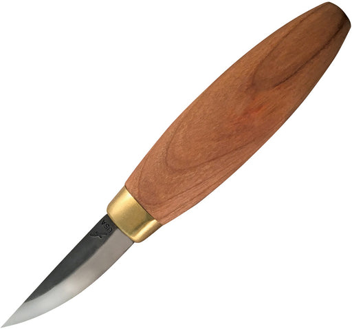 Stubby wood carving knife with rounded wood handle on a white background