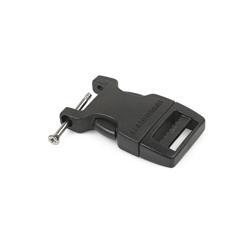 A black replacement buckle with a screw on a white background