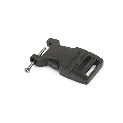 A black replacement buckle with a screw on a white background