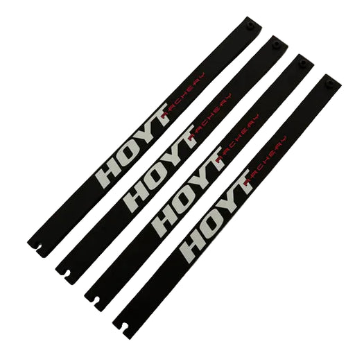 Four black Hoyt archery bow limbs on a white background