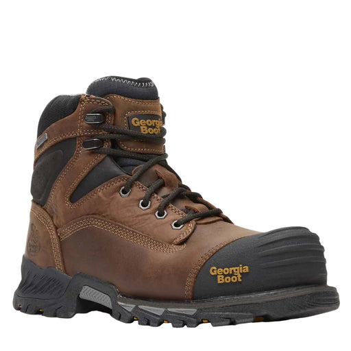 Brown work boot with black sole on a white background