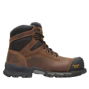 Brown hiking boot with black accents on a white background