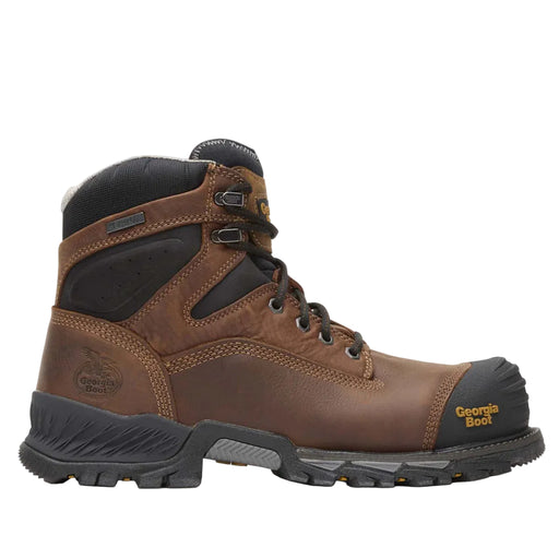 Brown hiking boot with black accents on a white background