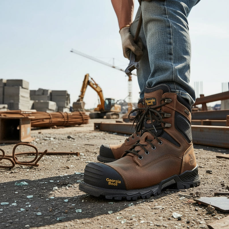 Brown work boots with black soles on a junkyard background