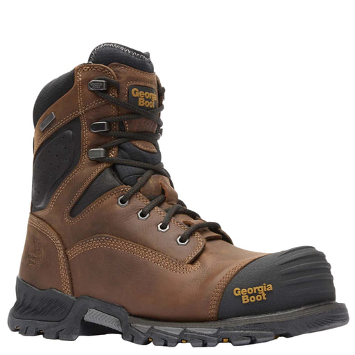 Brown work boot with black sole on a white background