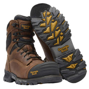 Brown Georgia Boot with black and yellow tread pattern on a white background