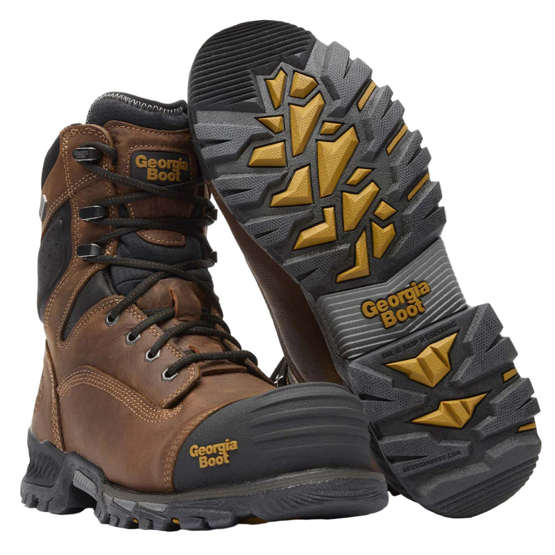 Brown Georgia Boot with black and yellow tread pattern on a white background