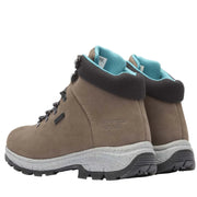 Pair of brown hiking boots with black and gray accents on a white background