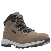 Brown hiking boot with black and blue laces on a white background