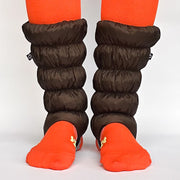 Front facing view of brown, waterproof gaiters against a white background.