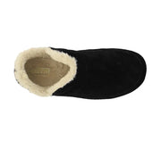 Top-down view of a black slipper with a white fur lined interior against a white background. 