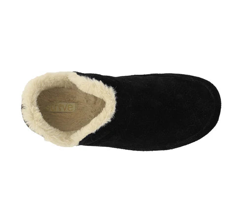 Top-down view of a black slipper with a white fur lined interior against a white background. 