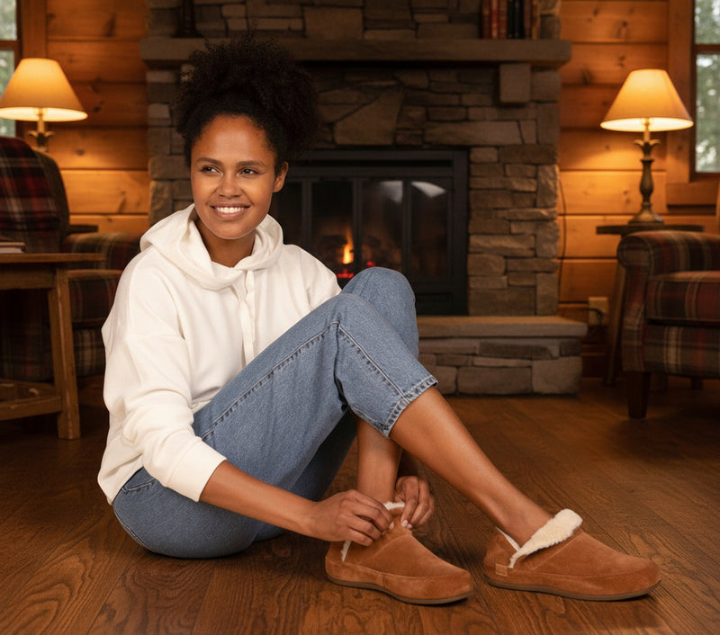 Woman sitting on the floor wearing brown suede shoes with white fur trim on the floor of a cozy cabin