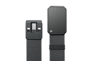 A gray belt with a solid gray buckle unbuckled