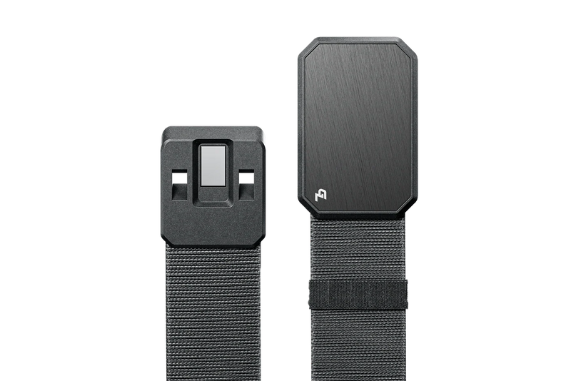 A gray belt with a solid gray buckle unbuckled