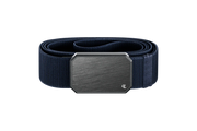 A blue belt with a solid gray buckle in the front