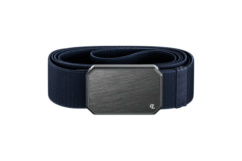 A blue belt with a solid gray buckle in the front