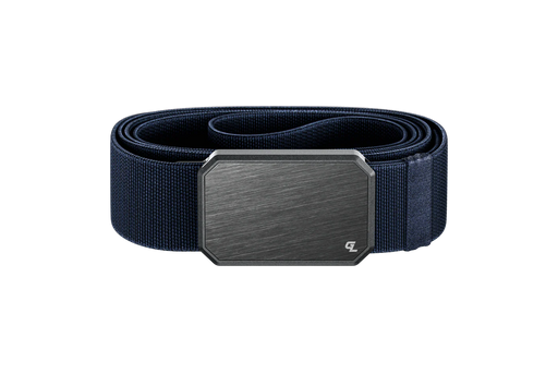 A blue belt with a solid gray buckle in the front