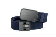 A blue belt with a solid gray buckle in the front
