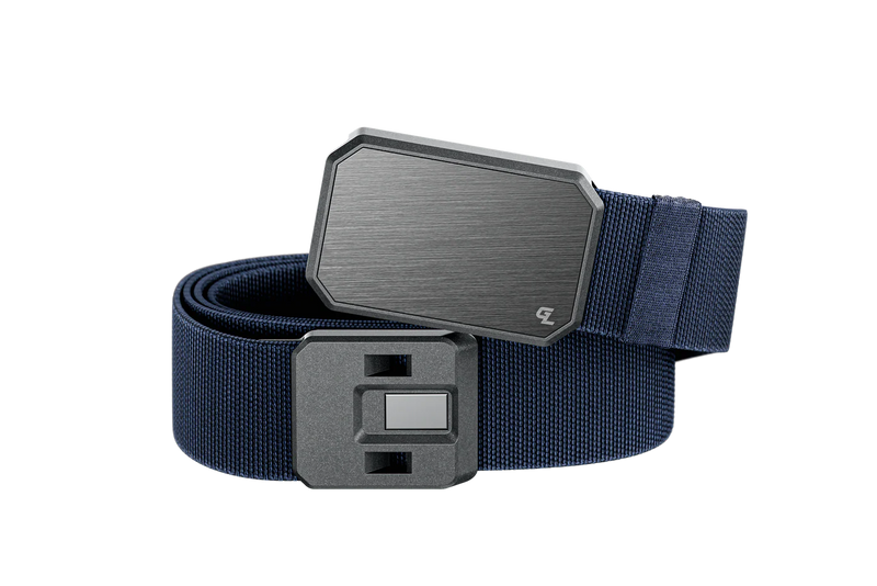 A blue belt with a solid gray buckle in the front