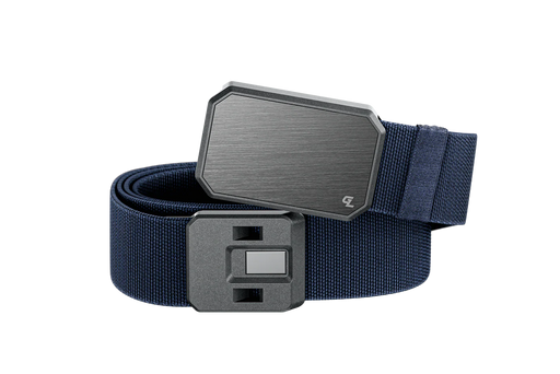 A blue belt with a solid gray buckle in the front