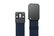 A blue belt with a solid gray buckle in the front